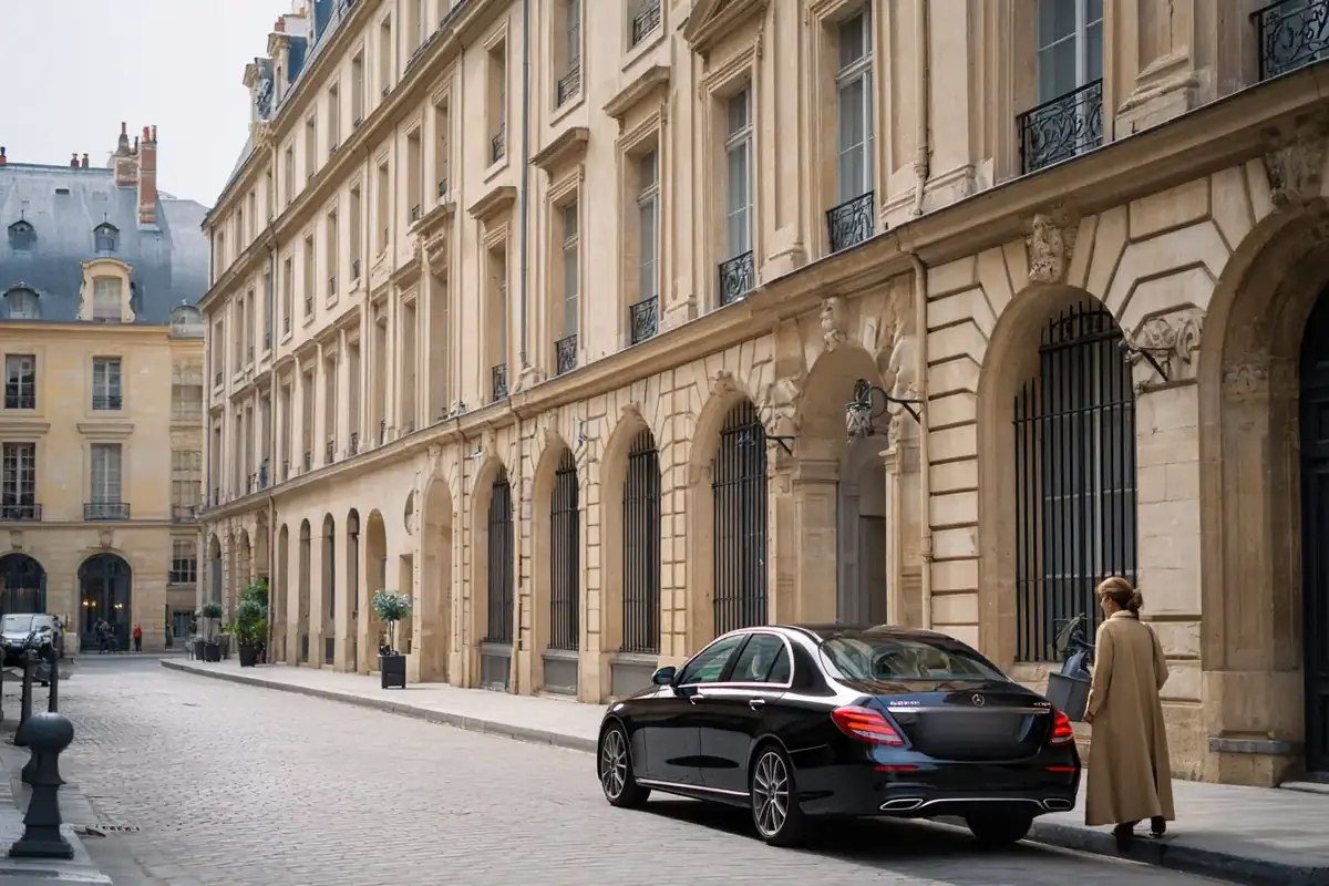 Chauffeur-driven black sedan on a quiet cream-limestone street near Place Vendôme.