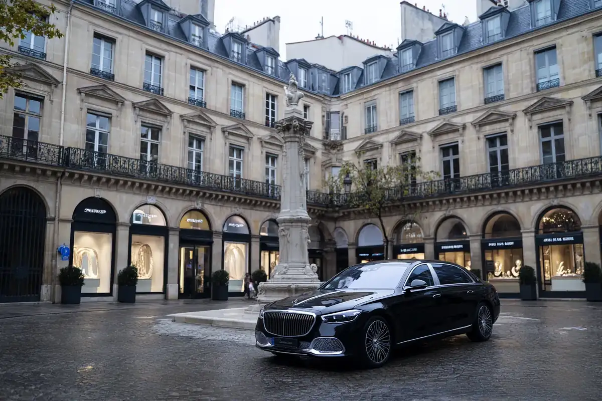 Black Maybach sedan near the column of a Parisian square of jewellery boutiques.