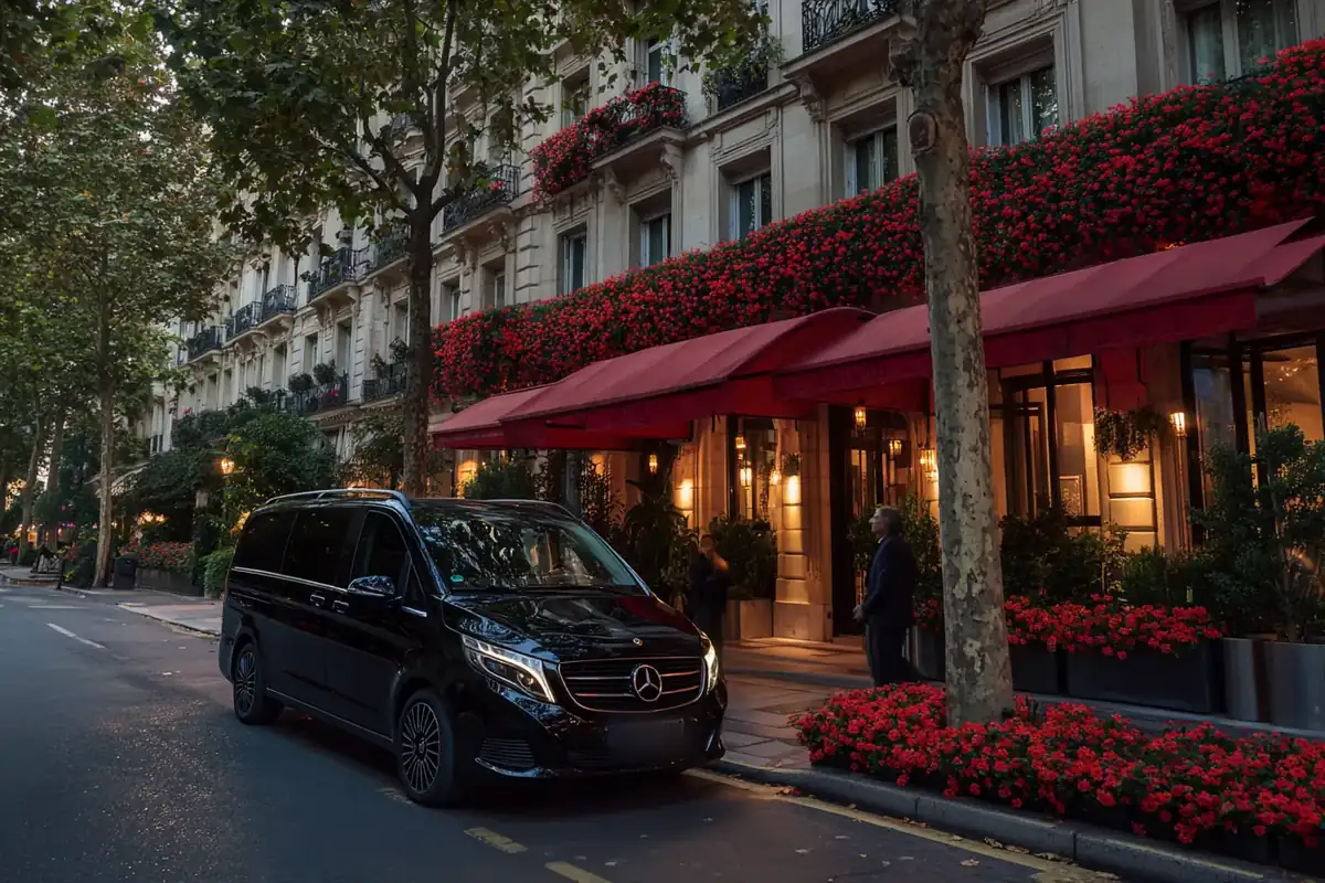 Black van beneath red awnings and flower boxes at a luxury hotel on a Parisian avenue.
