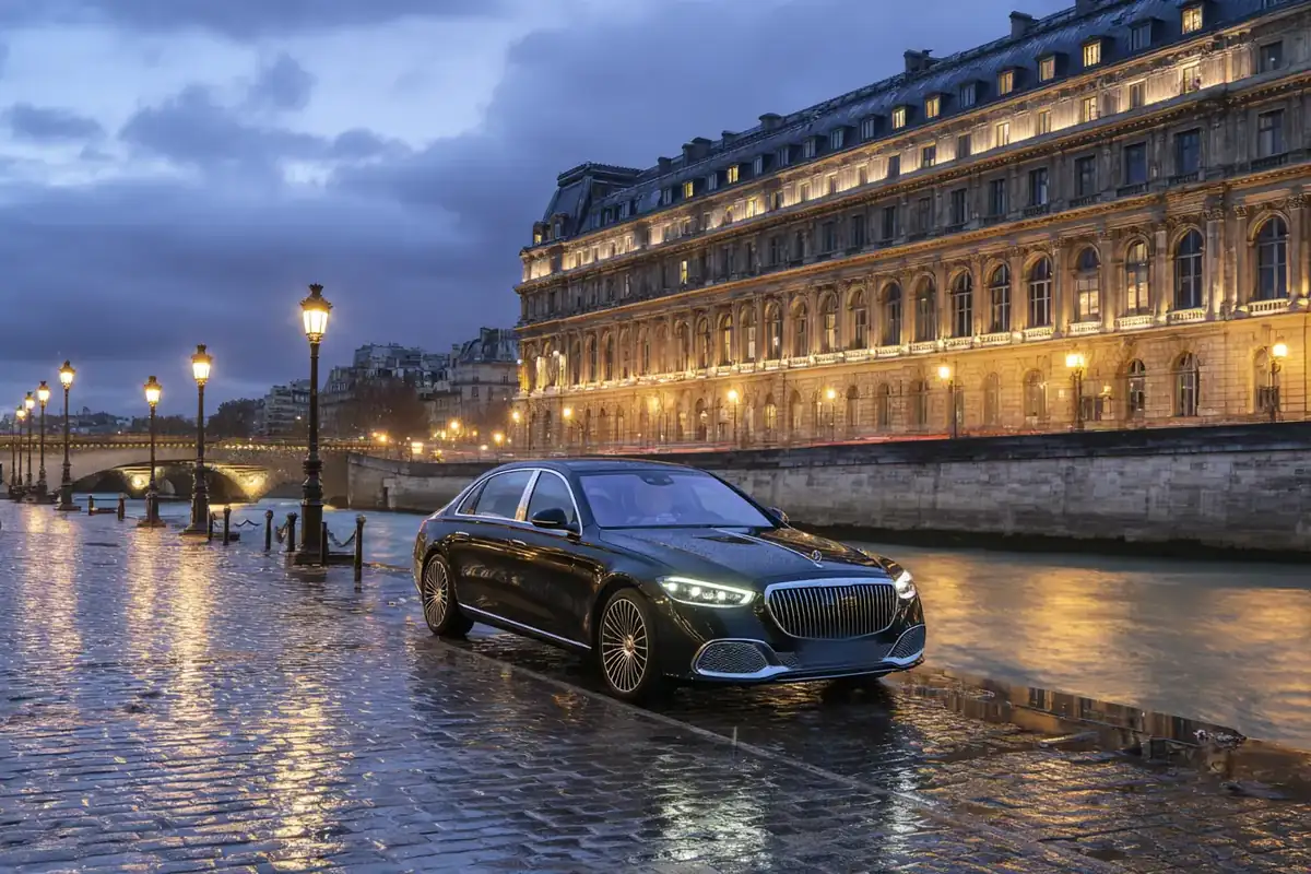Black Maybach sedan on a wet Seine quay at dusk before a grand Parisian building.