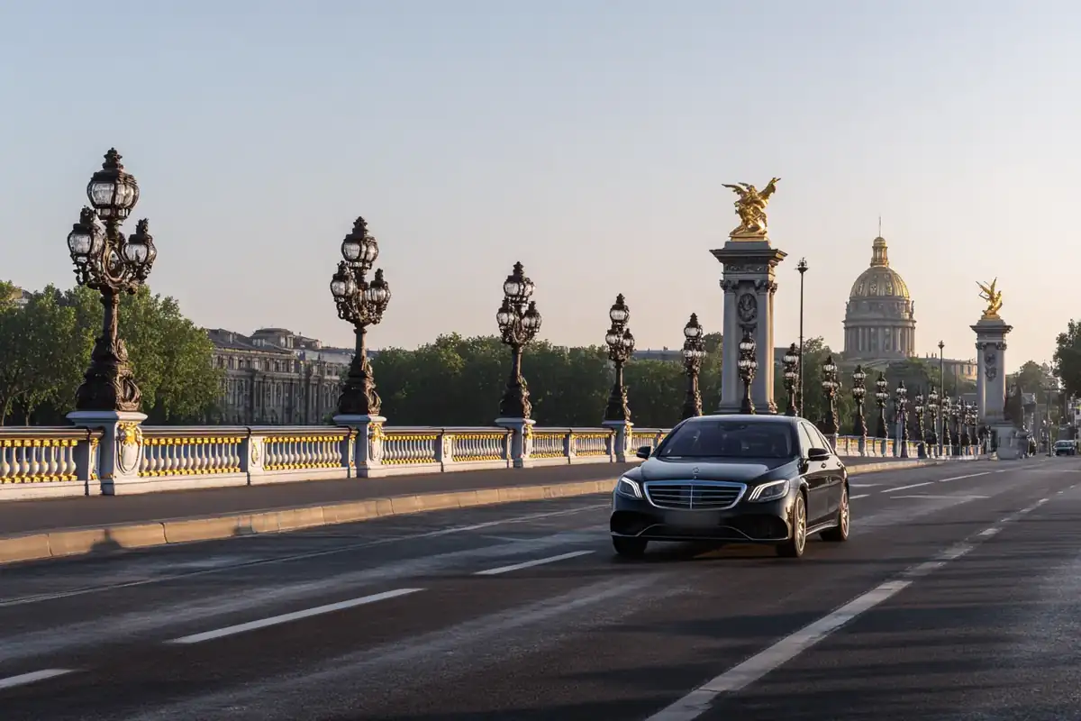 Black sedan on Pont Alexandre III with gilded lamp posts and Les Invalides beyond.