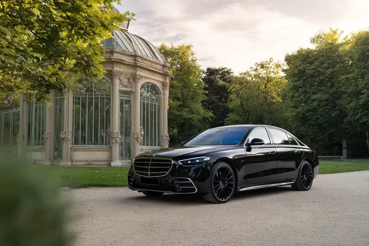 Black sedan on a gravel drive in the Bois de Boulogne before an elegant pavilion.