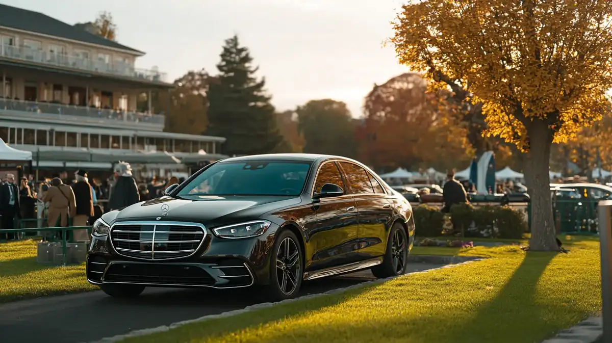 Black sedan arriving at a racecourse on a golden autumn afternoon, guests in the distance.