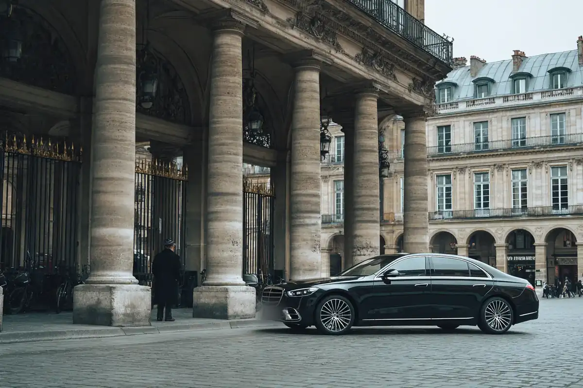Black sedan parked beneath a stone arcade on a historic Paris square, a doorman nearby.