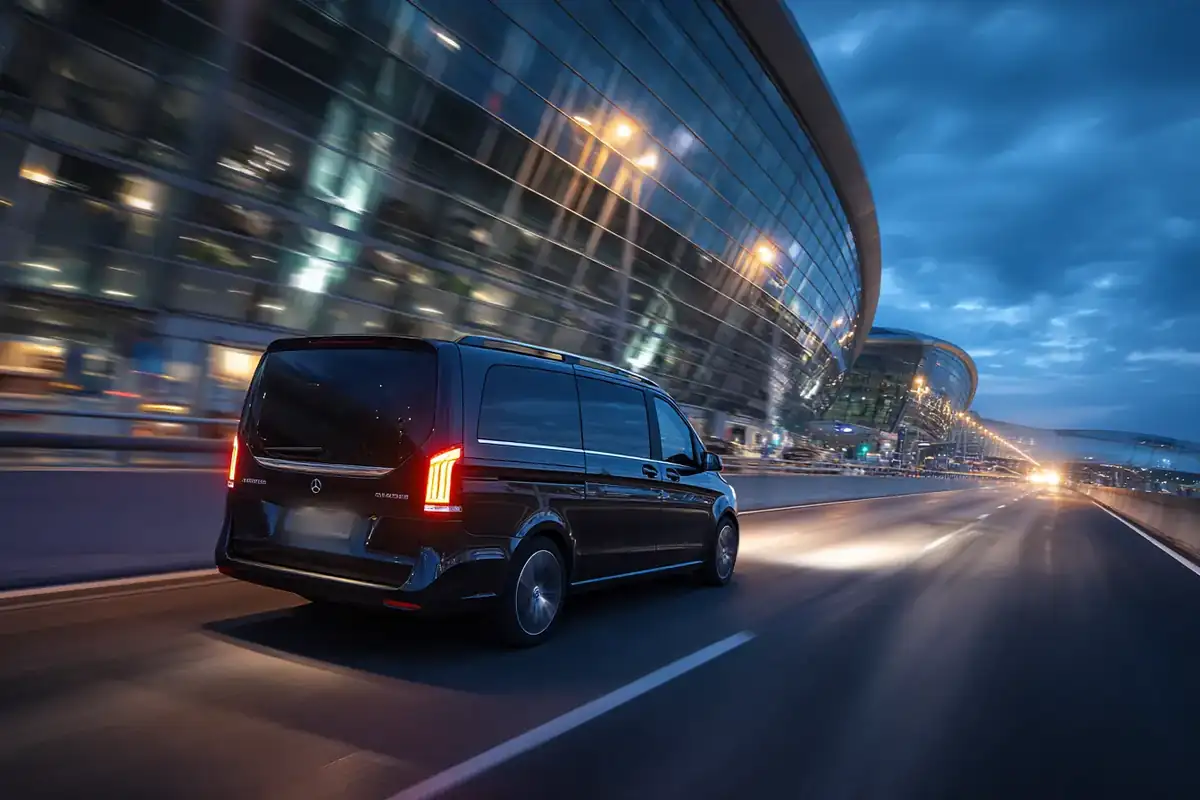 Black van on an airport access road at blue hour, suitcases at the rear door.