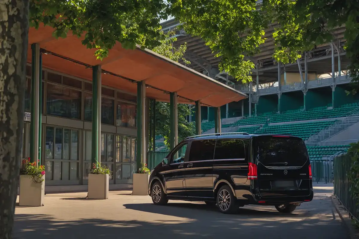 Black van at the entrance of a clay-court tennis stadium in Paris.