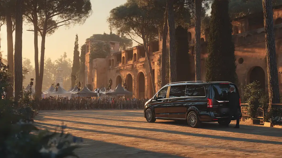 Black van at a clay-court stadium entrance in morning light, chauffeur opening the door.
