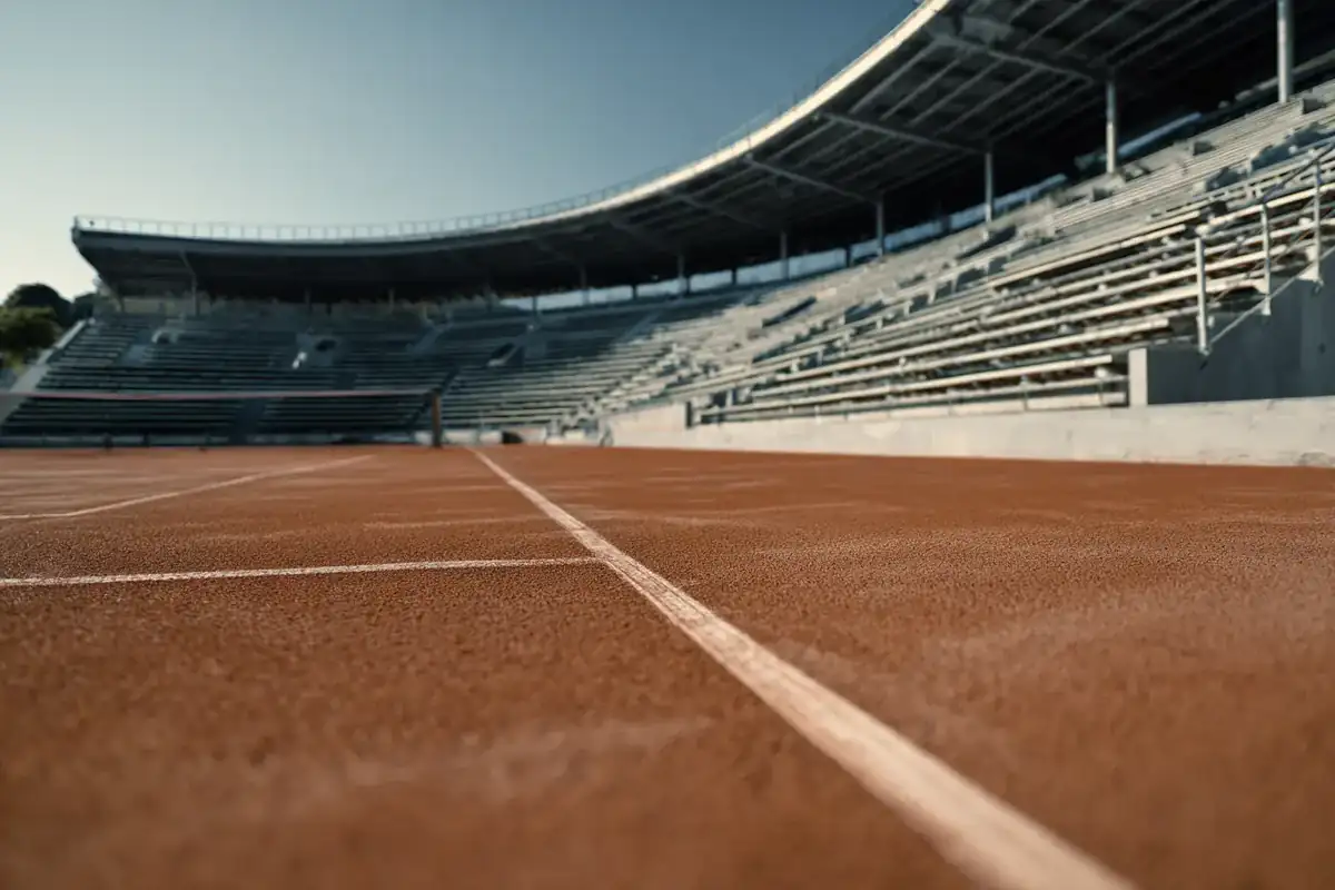 Empty terracotta clay court and curved stands in the quiet of the morning.