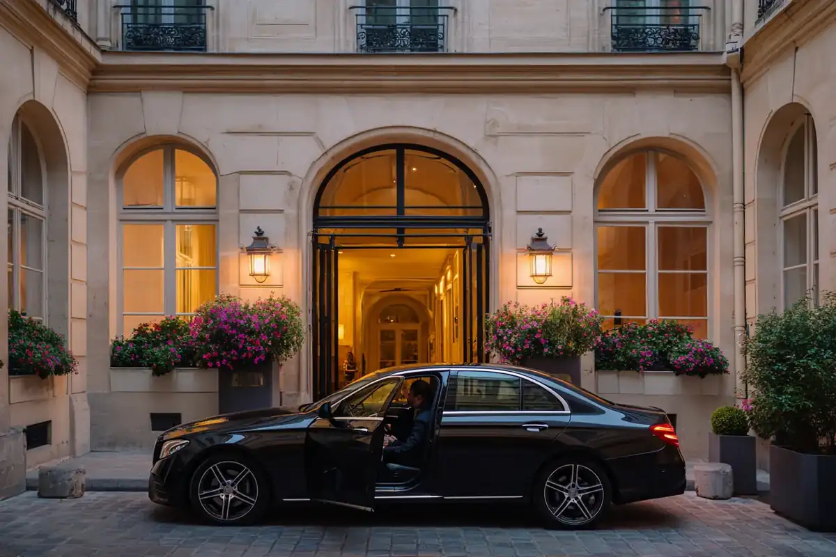Black sedan in the courtyard of a contemporary luxury hotel at dusk, driver at the rear door.