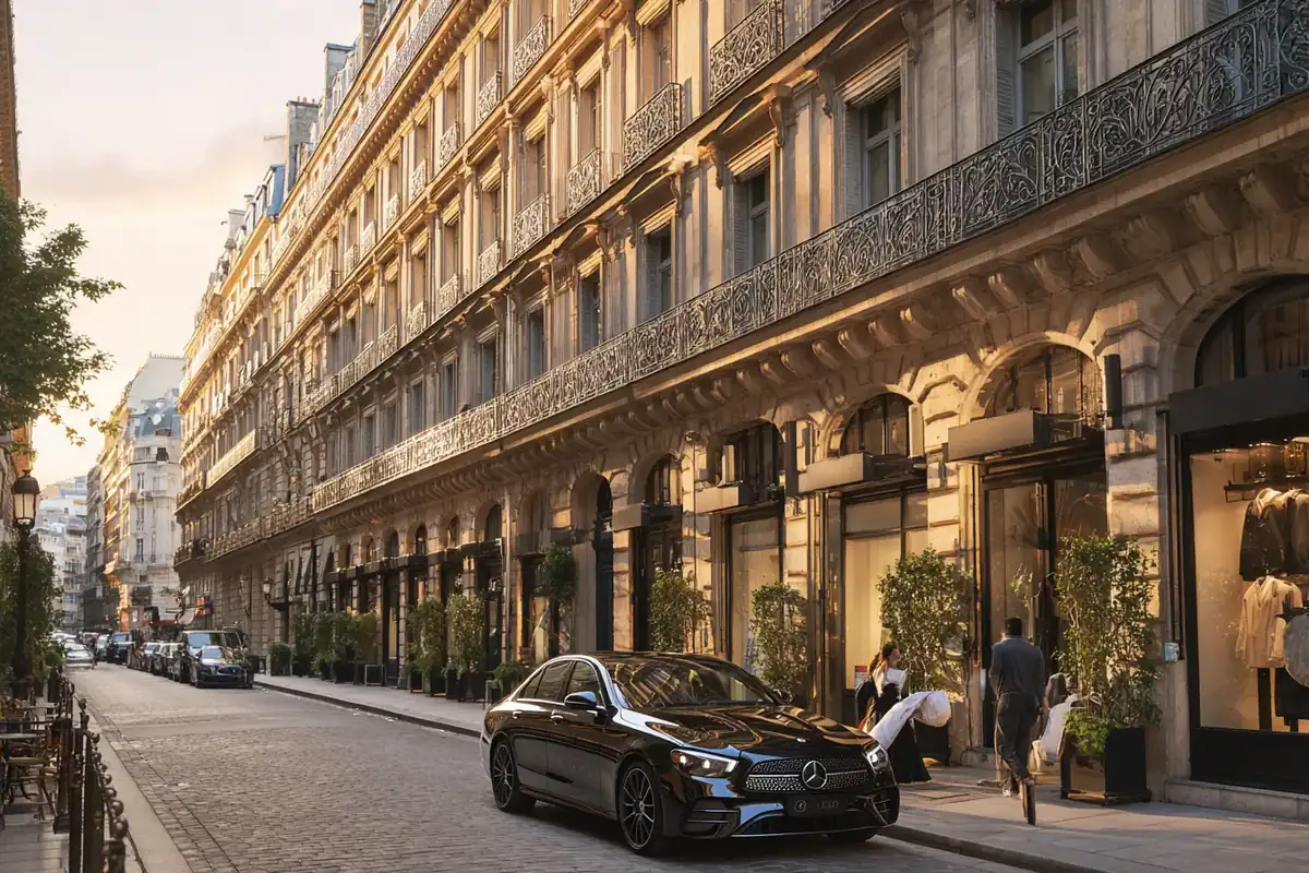 Black sedan on a Parisian shopping street with boutique facades at golden hour.