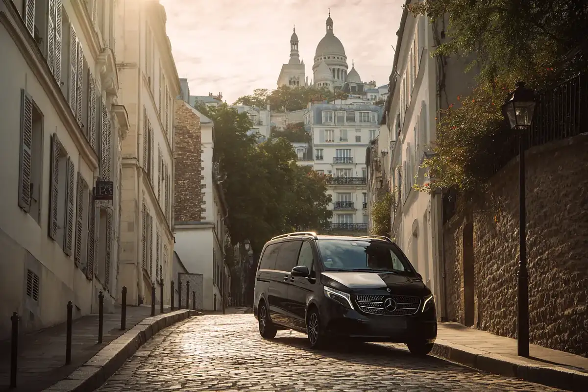 Black van on a cobbled Montmartre street with Sacré-Cœur above in morning light.