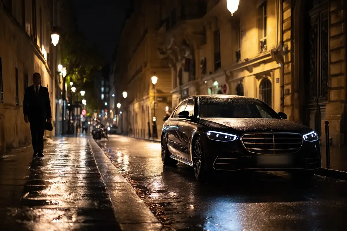 Smoky Paris street at night, a silhouette in a black tuxedo walking away from a black sedan.