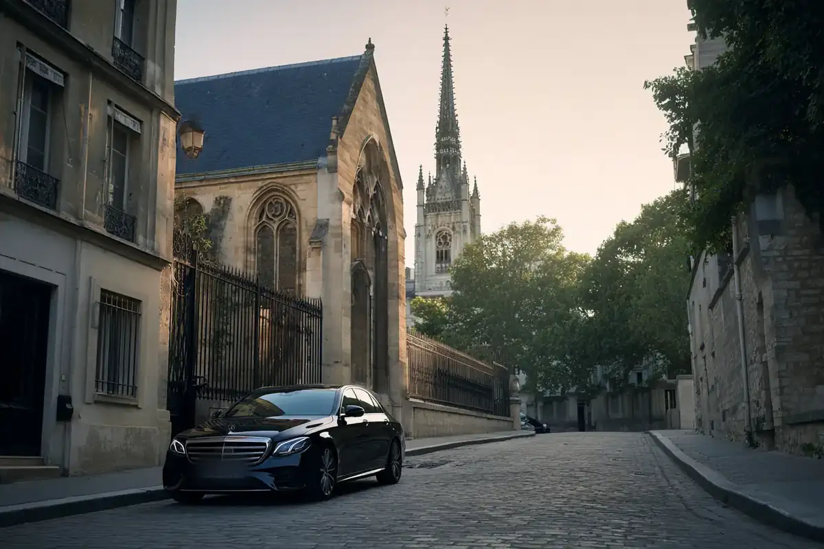 Black sedan on a quiet Île de la Cité street beside a gothic chapel.