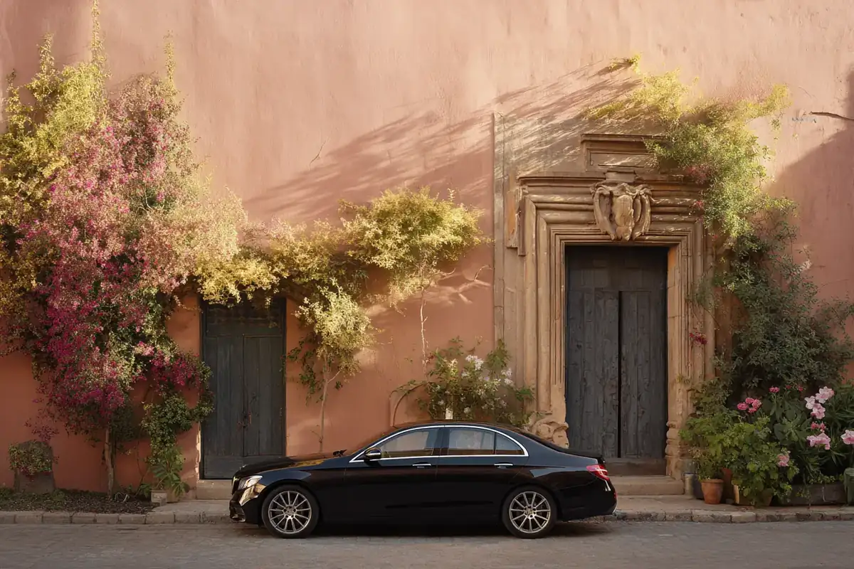 Ornate Paris courtyard with a gilded gate, a surreal shadow on the wall and a black sedan.