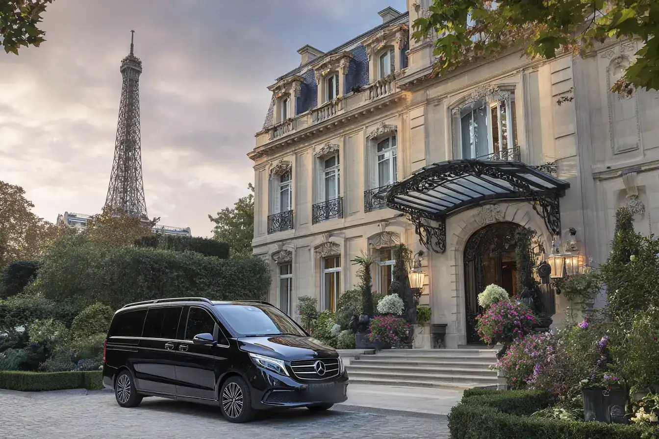 Black van at the porte-cochère of a former princely mansion with the Eiffel Tower in view.