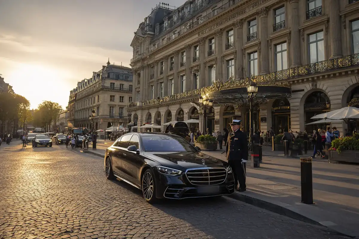 Black sedan with a uniformed doorman at a palace hotel on a wide Paris avenue at sunset.
