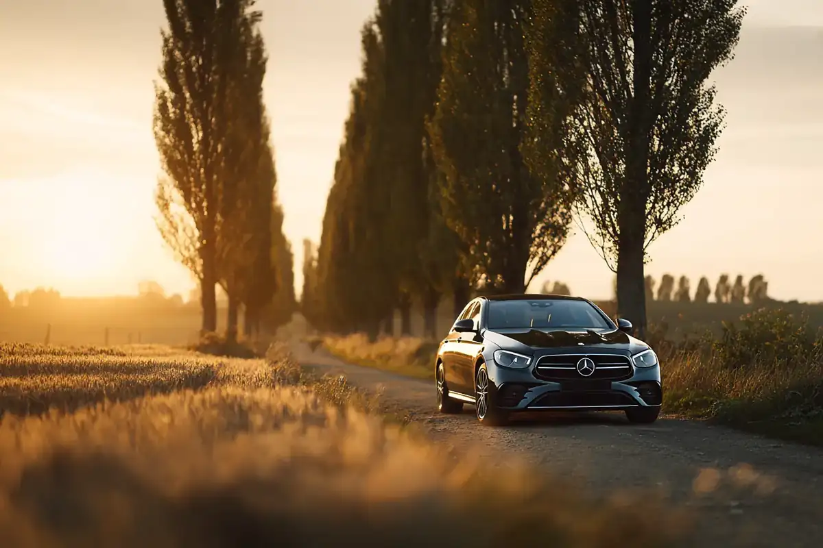 Black sedan at a fork in a countryside road at golden hour, two paths through fields.