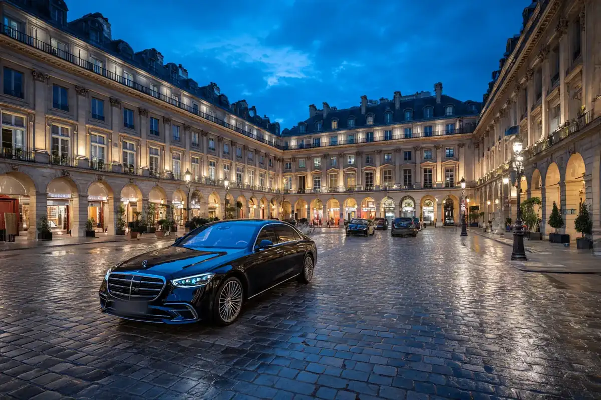 Monumental arcaded Paris square at blue hour with a black sedan and chauffeur silhouette.