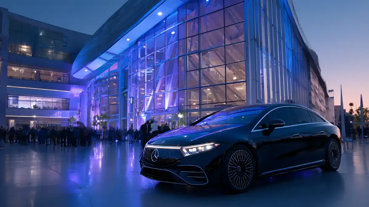 Black electric sedan outside a modern expo hall at twilight under blue lighting.