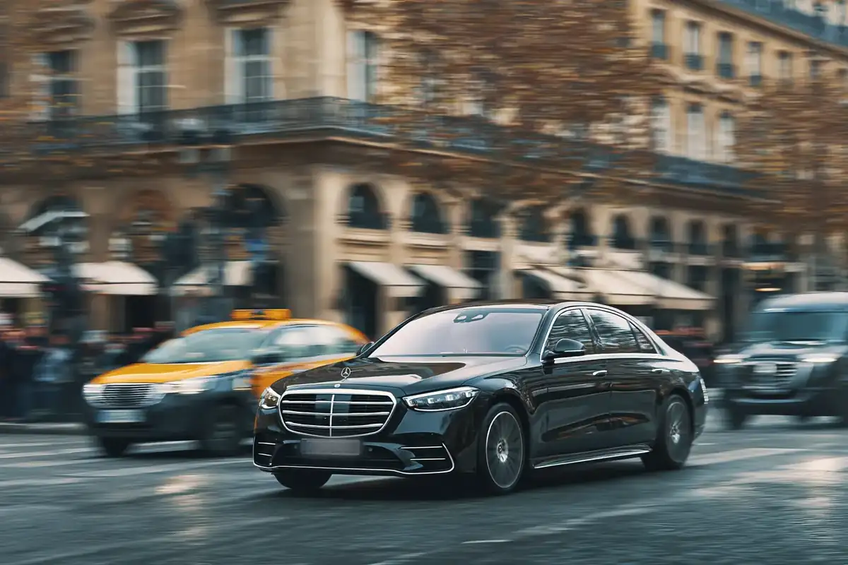 Black sedan and chauffeur standing at attention, a blurred generic city car behind in traffic.