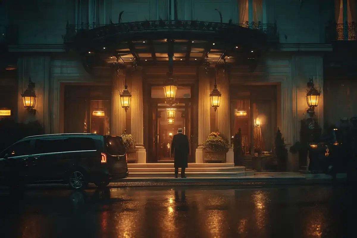 Black van waiting at a luxury hotel entrance at night, doorman in silhouette.