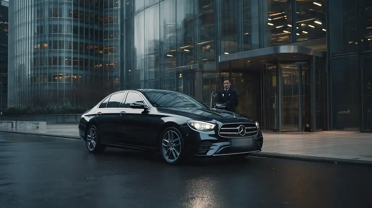 Black sedan by office towers at dusk with an executive silhouetted on the pavement.