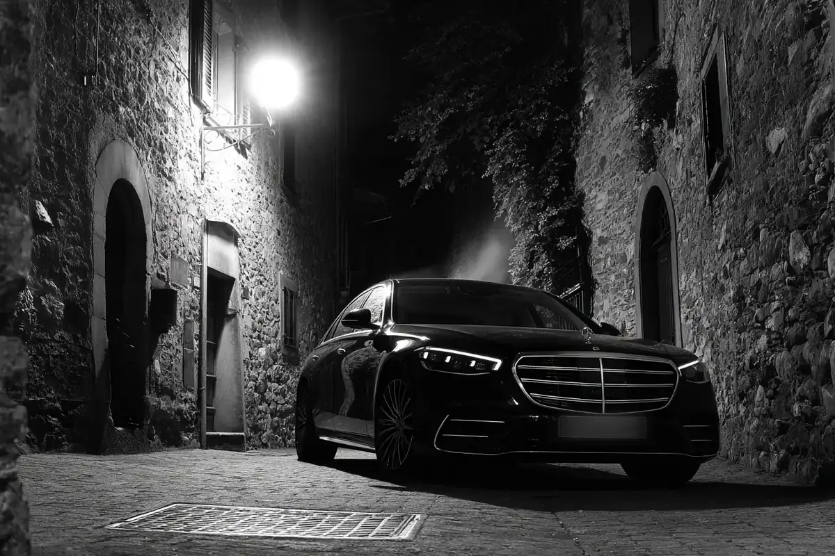 Black sedan with tinted windows in a quiet stone alley at night, chauffeur waiting still.