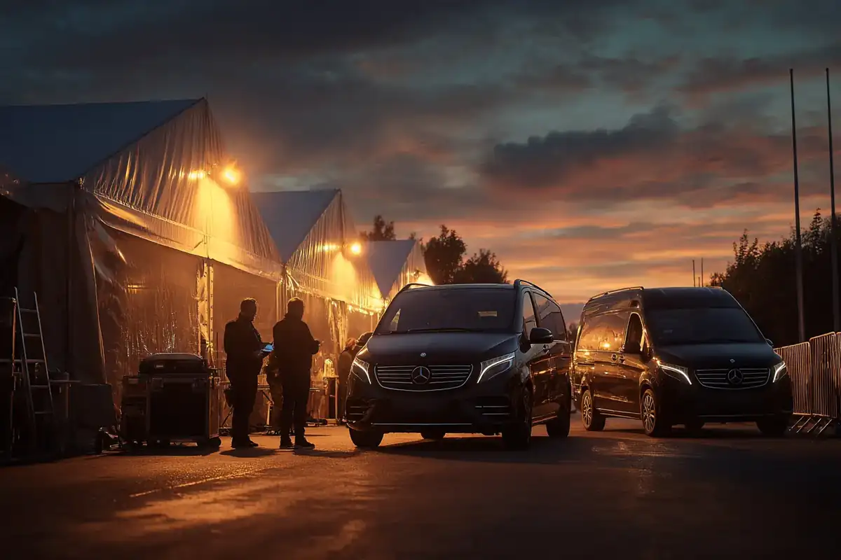 Backstage at an event at dusk, three black vans lined up behind a lit marquee.