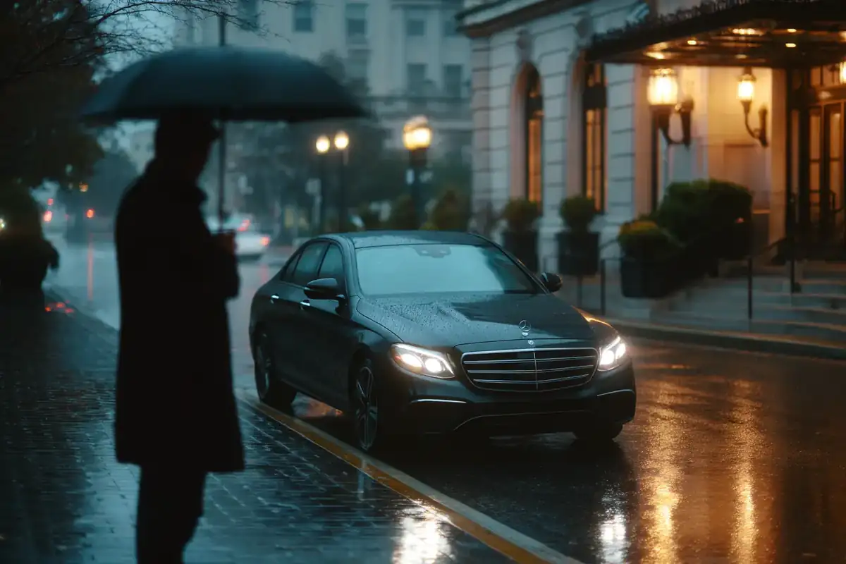 Assistant silhouetted outside an office building as a black sedan pulls up on a rainy morning.