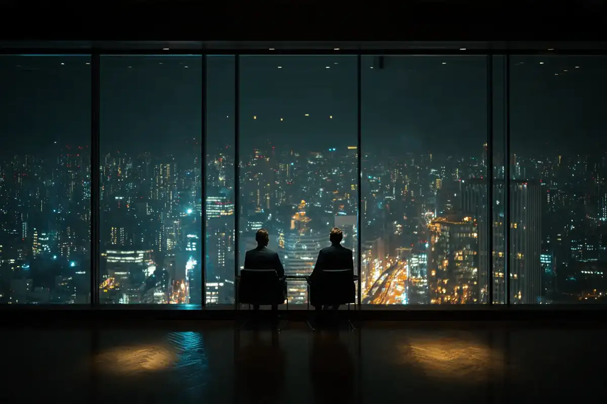 Boardroom window at night over Paris, two executives silhouetted, a tiny sedan on the street below.