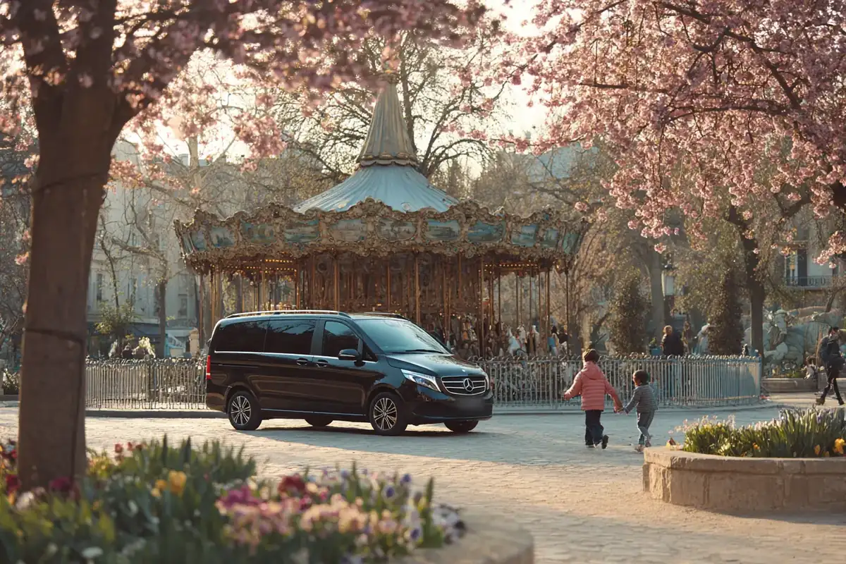 Black van near a Paris garden carousel in spring, a parent and children backlit walking toward it.