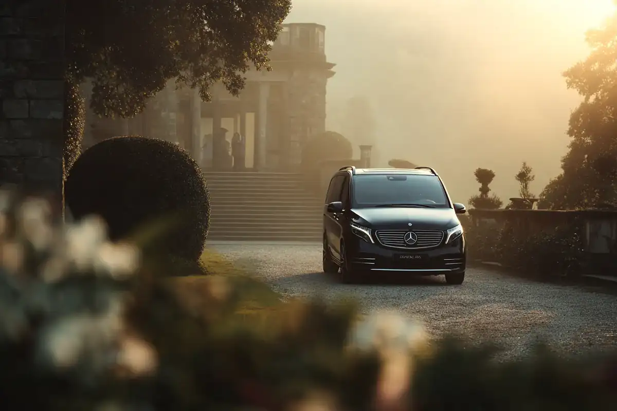 Black van leaving a mansion driveway at dawn, a family in silhouette walking toward it.