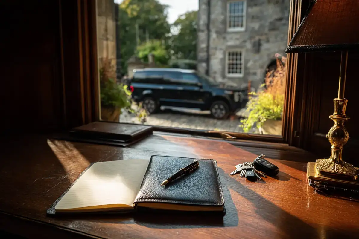 Quiet desk with leather diary, pen and car keys, a black van visible in the courtyard outside.