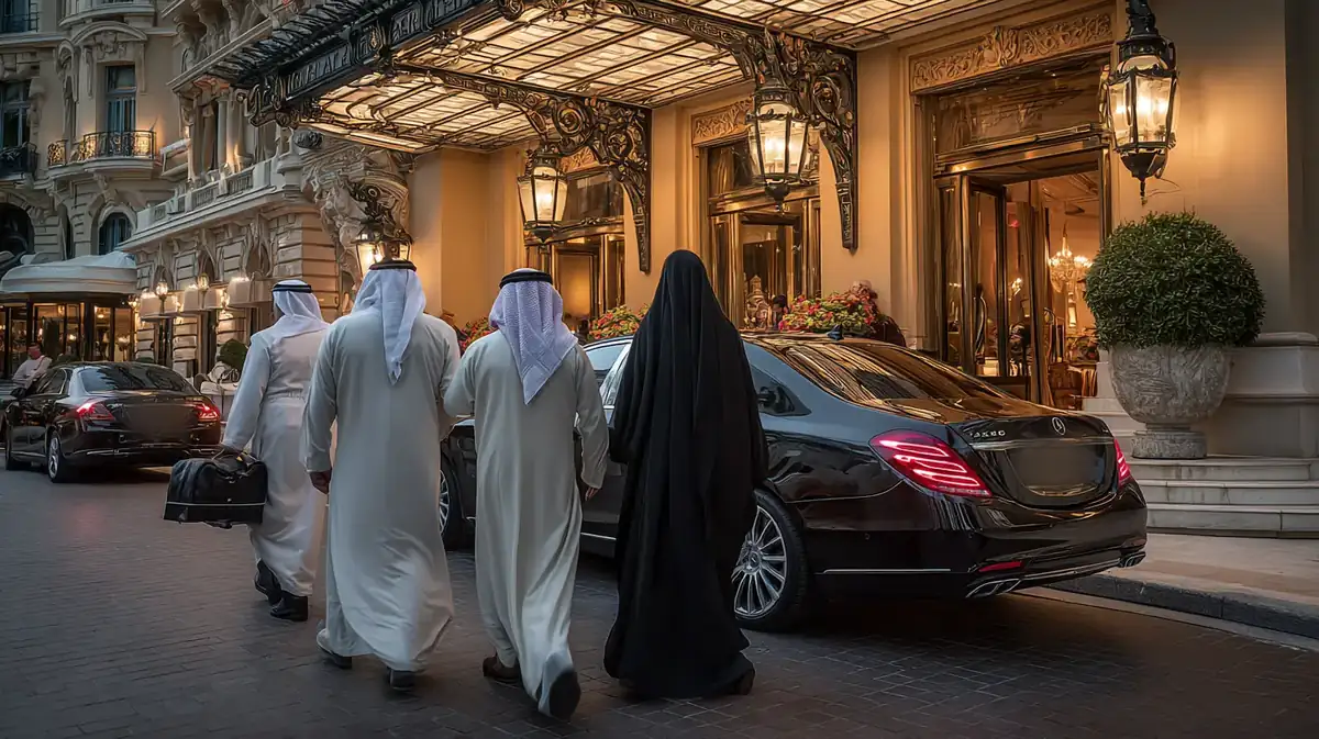 عائلة خليجية تمشي نحو مرسيدس الفئة S سوداء أمام مدخل فندق فاخر في باريس عند الغروب
