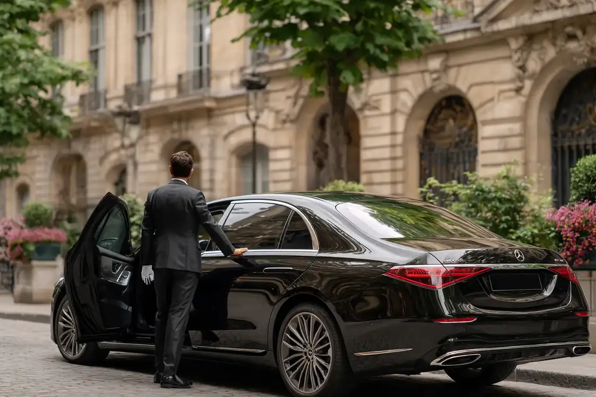 Chauffeur in a dark suit opening the rear door of a black sedan on a tree-lined avenue.
