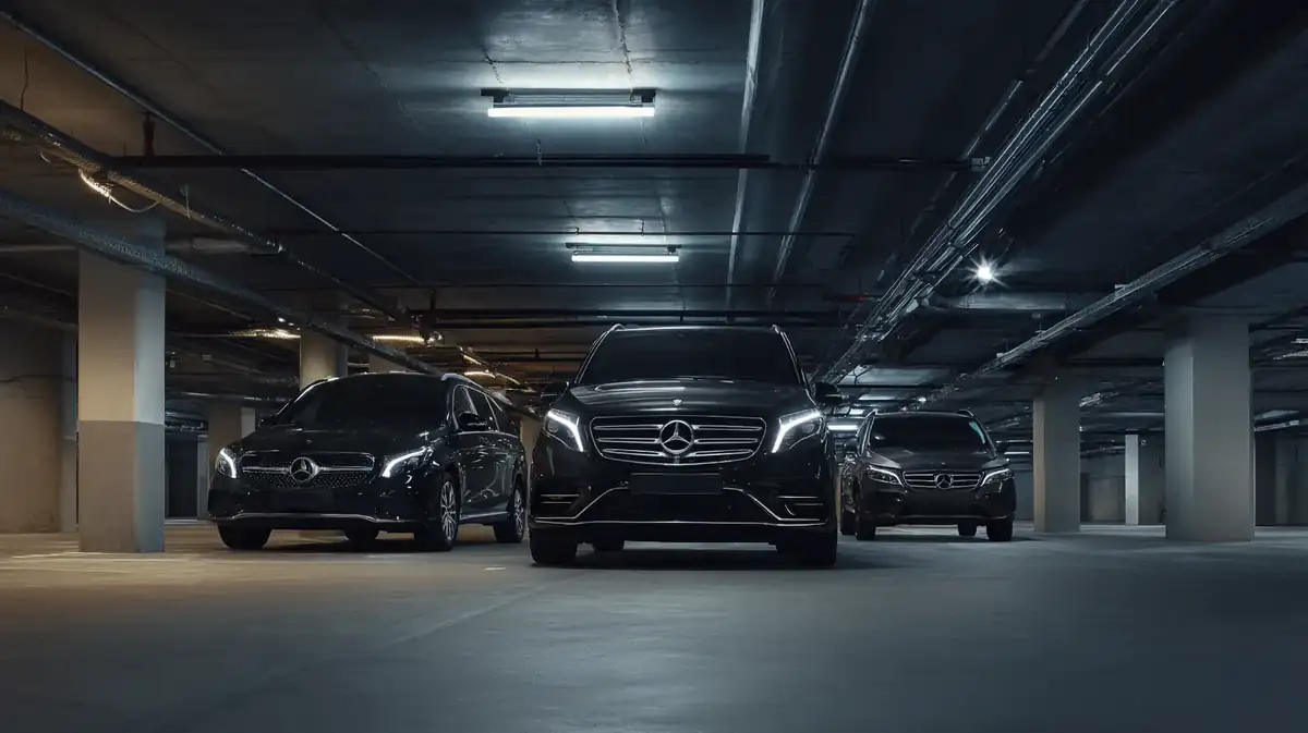 Five black luxury vehicles lined up in a minimal dark studio garage with rim lighting.