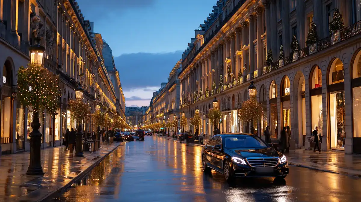 Prestigious Paris shopping street at twilight with lit windows and a black sedan gliding by.