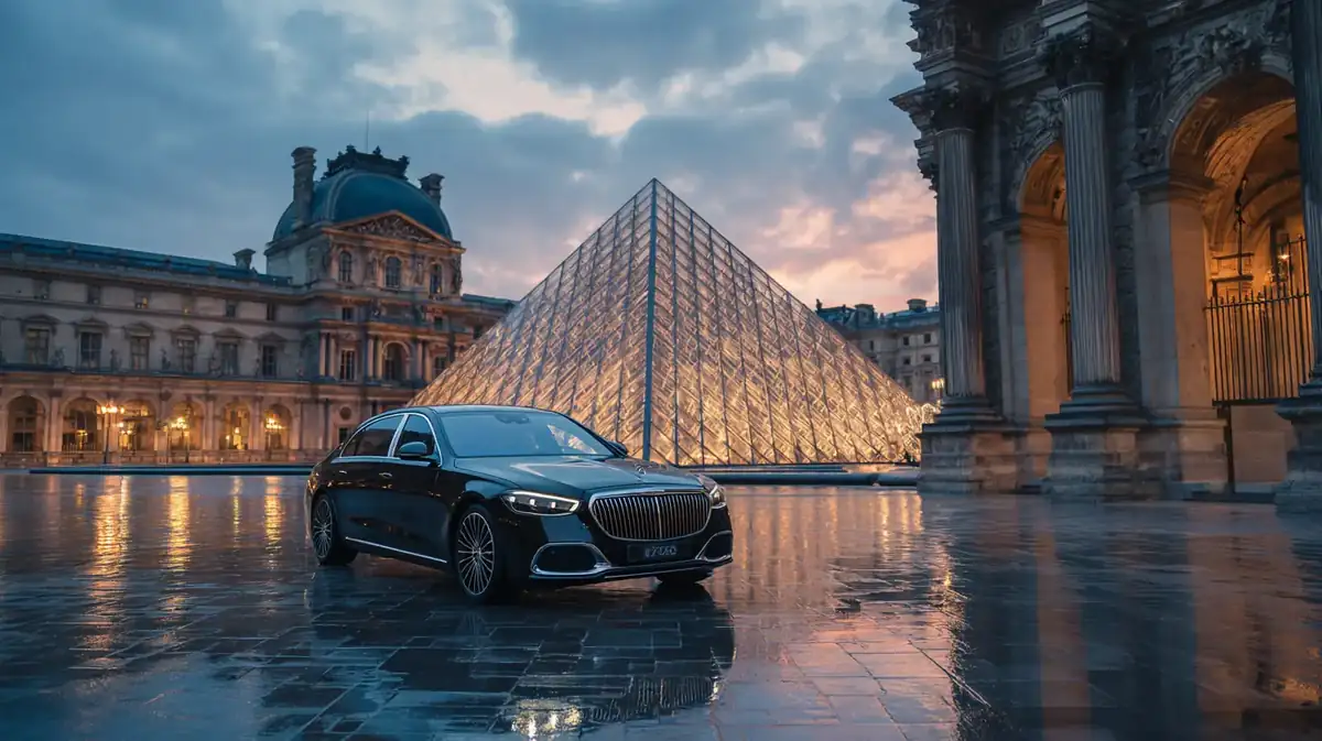 Black Mercedes-Maybach in the Louvre courtyard in Paris, pyramid lit at blue hour.