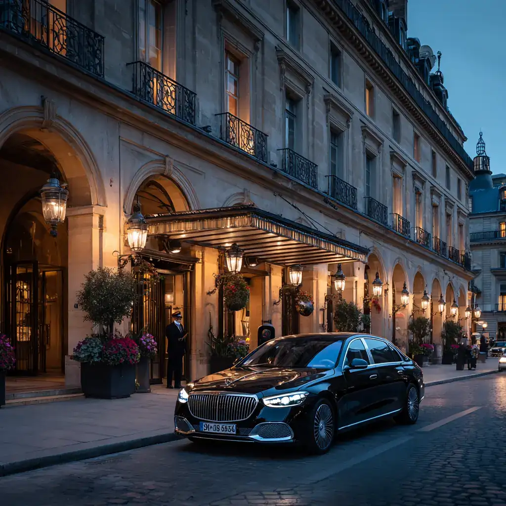 Black Mercedes-Maybach at the entrance of a Place Vendôme palace hotel at dusk