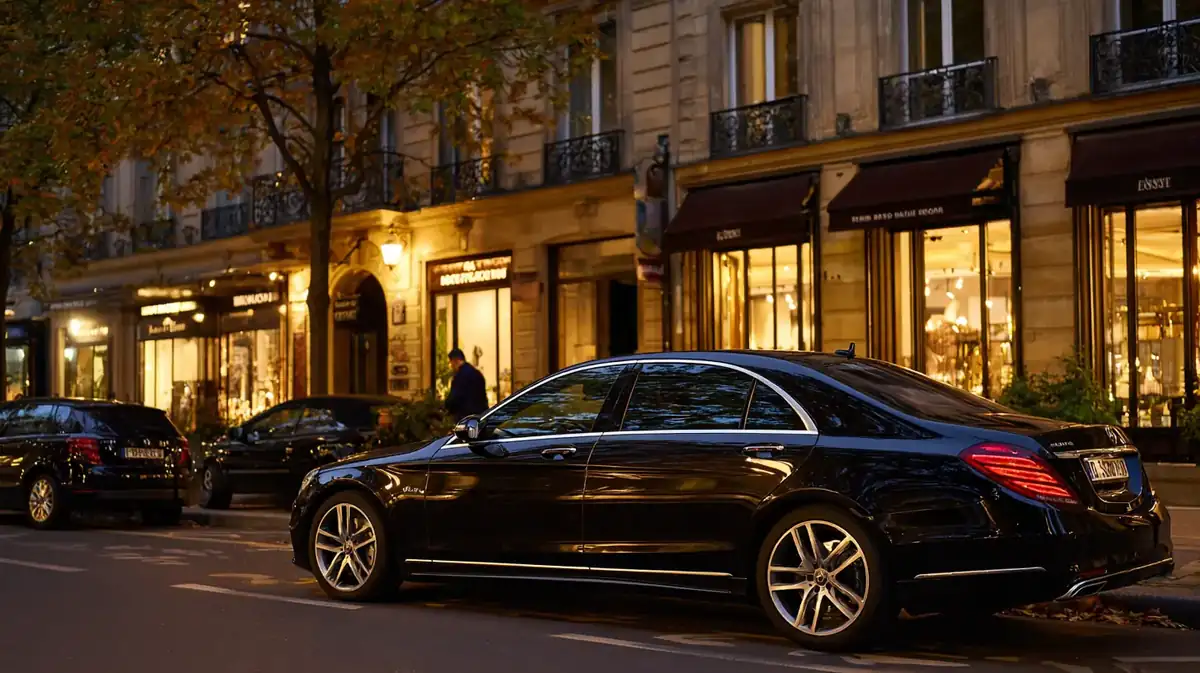 Black Mercedes S-Class on Avenue Montaigne in Paris at dusk, in front of lit boutique windows.