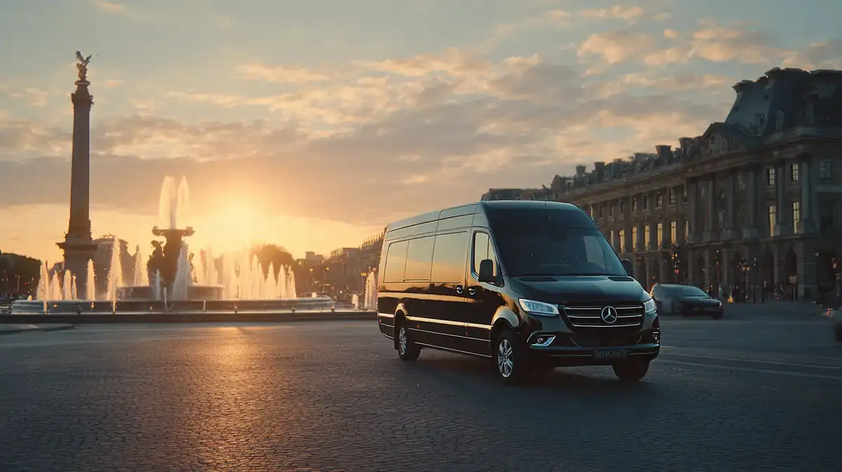 Black Mercedes Sprinter minibus on Place de la Concorde in Paris at sunset, obelisk and fountains.