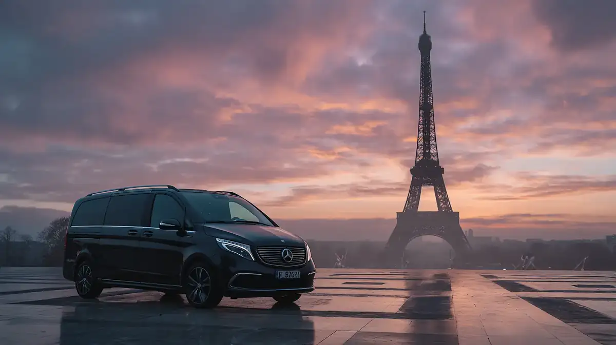Black Mercedes V-Class on the Trocadéro esplanade with the Eiffel Tower at sunrise.