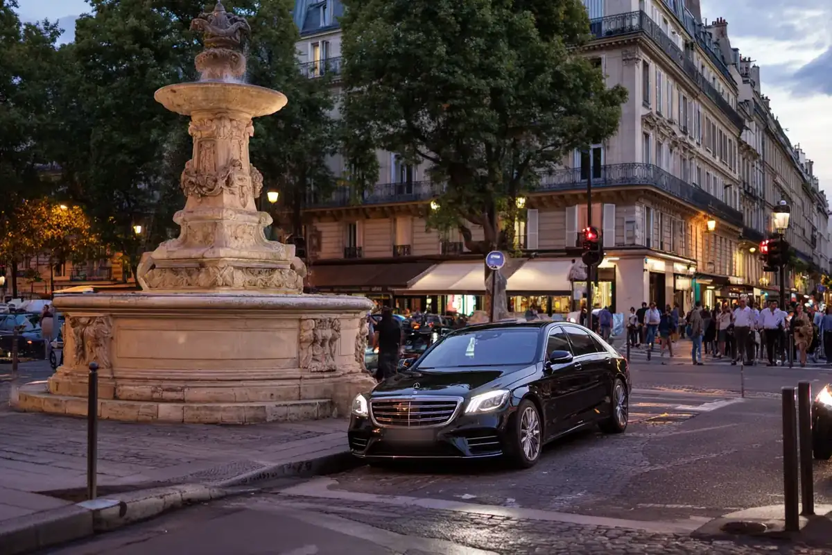 High-angle view of a Paris square at night with a black sedan circling a monumental fountain.