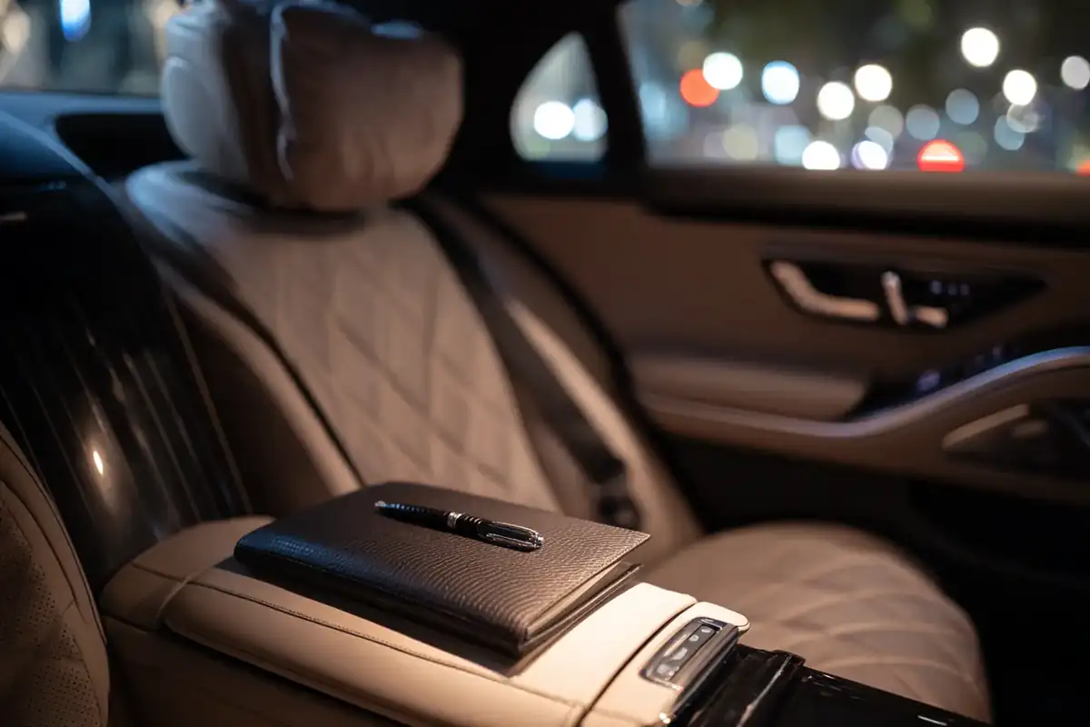 Close view of a black sedan dashboard at night with golden ambient lighting.