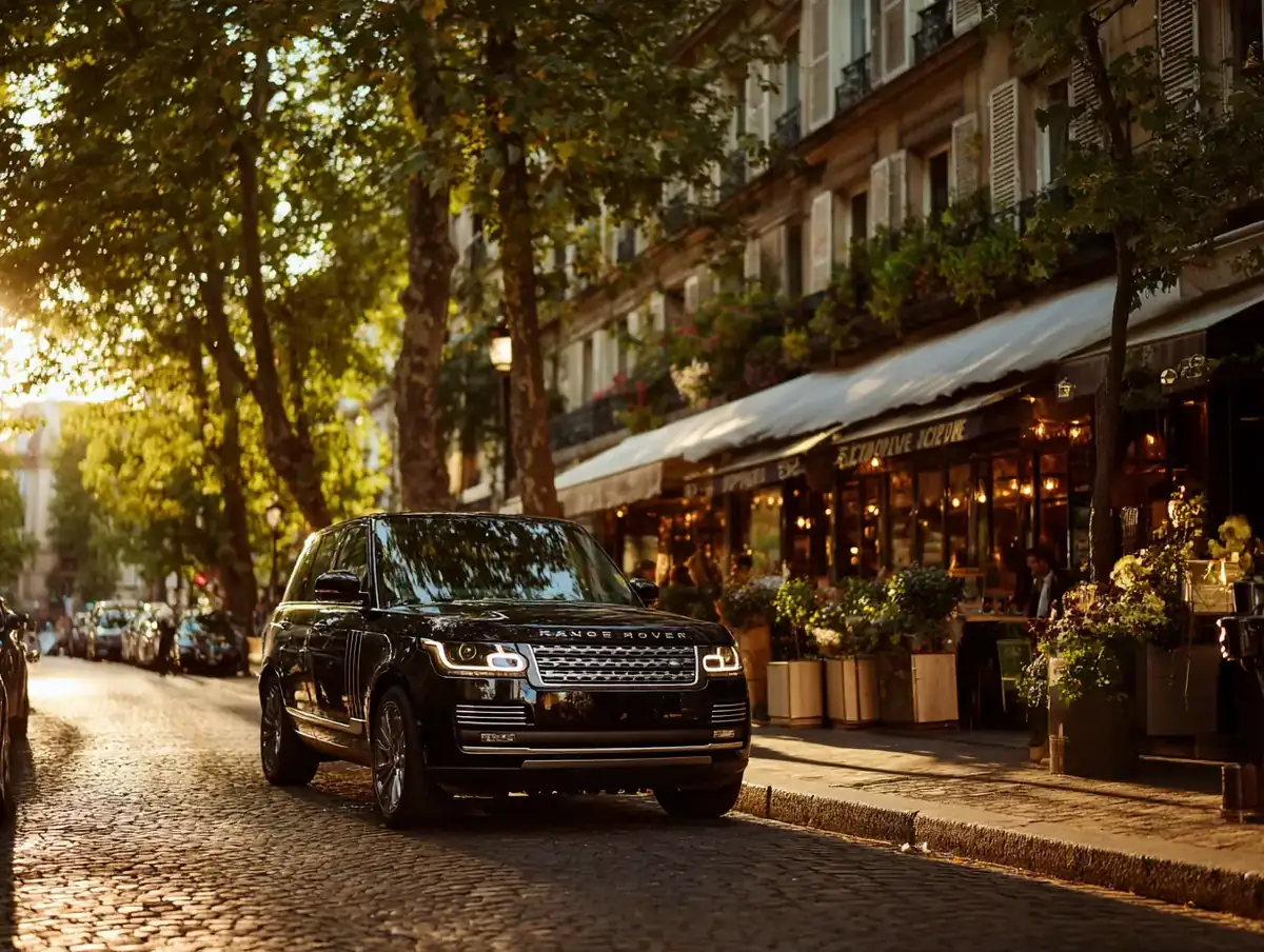 Black Range Rover on a cobbled street in late sun, chauffeur loading unbranded shopping bags.