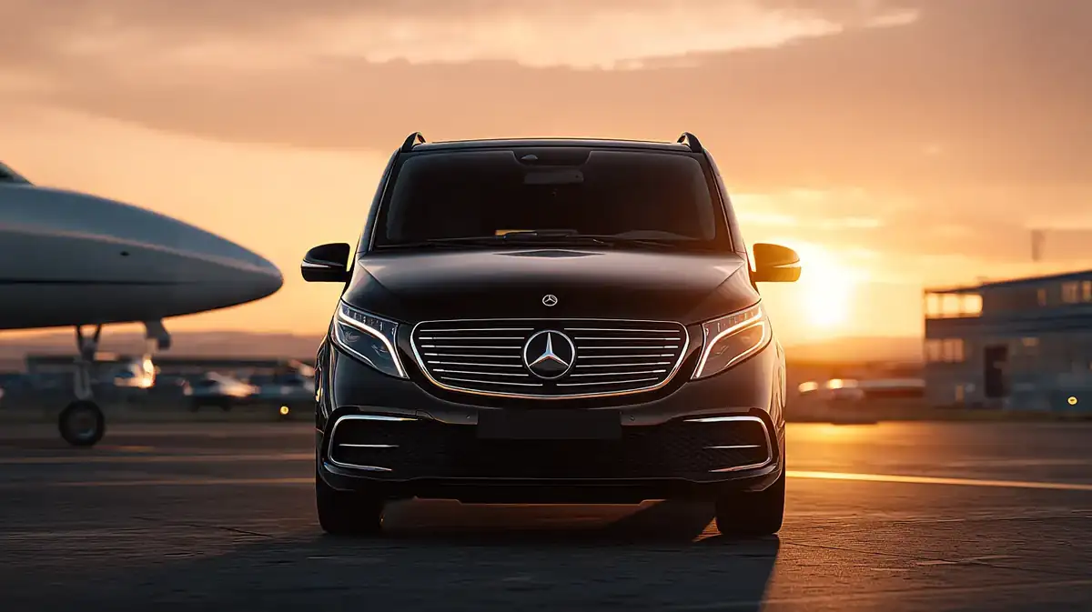 Black van on a private jet apron at sunrise, chauffeur waiting from behind.