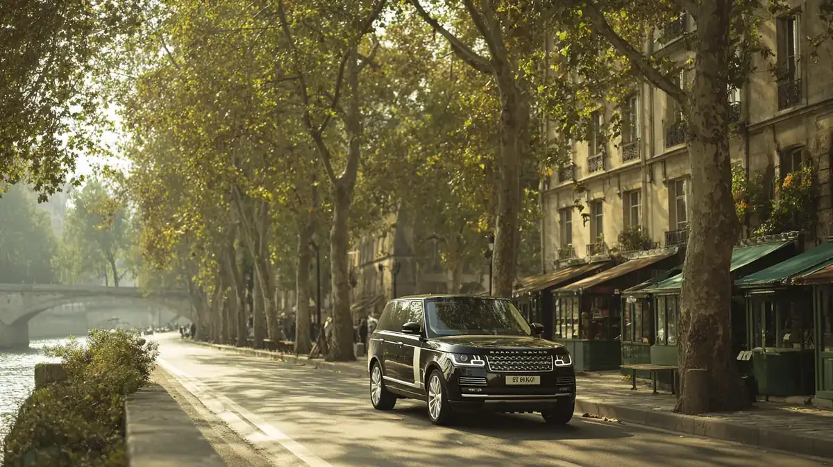Black Range Rover on the Seine quays in Paris near Notre-Dame, under plane trees in the morning.