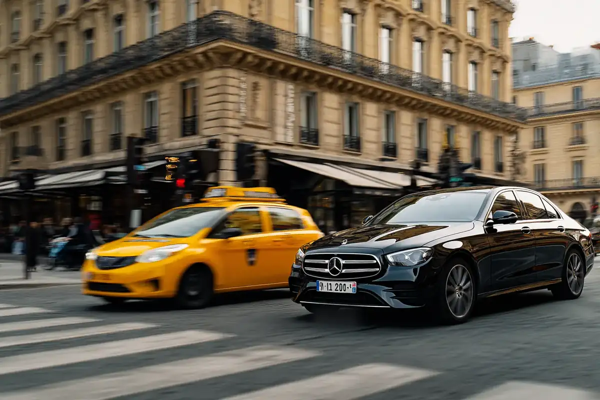 Black Mercedes beside a yellow city cab at a Paris crossing.