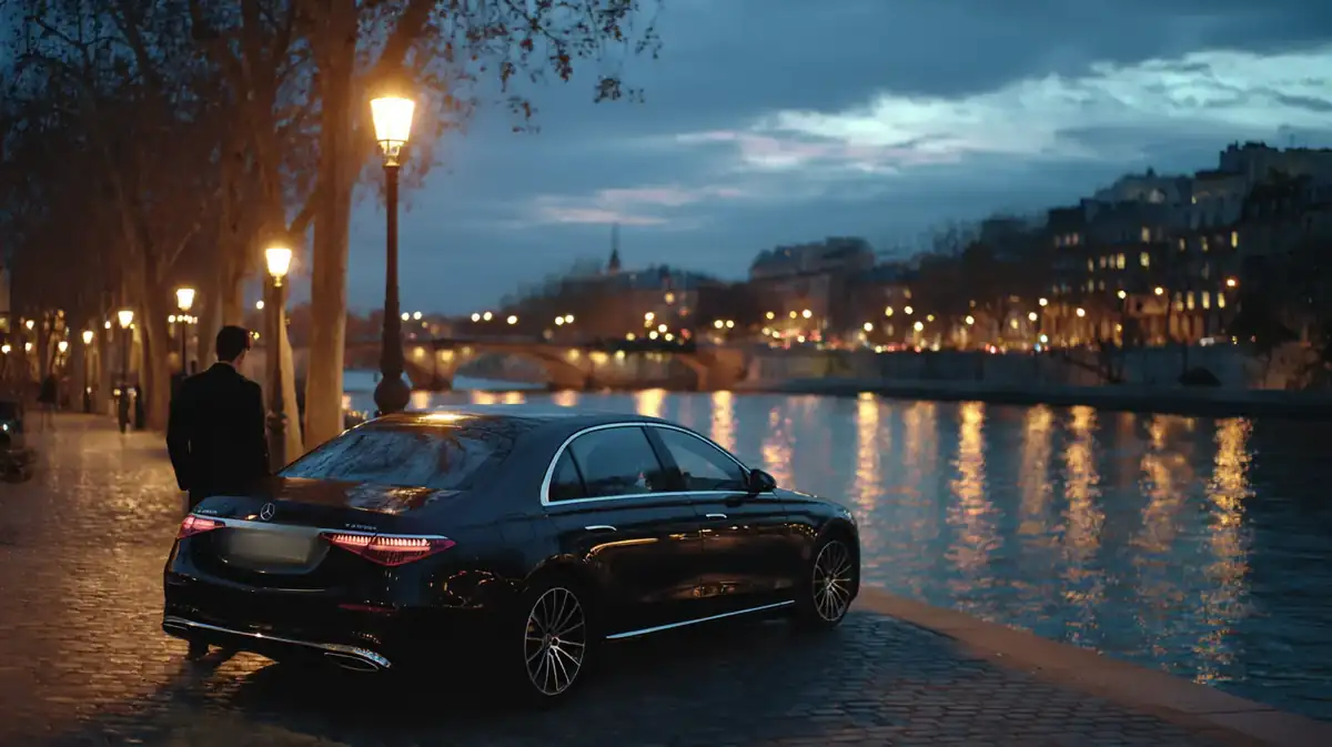 Chauffeur in a dark suit holding the door of a black sedan on a Seine quay at blue hour.
