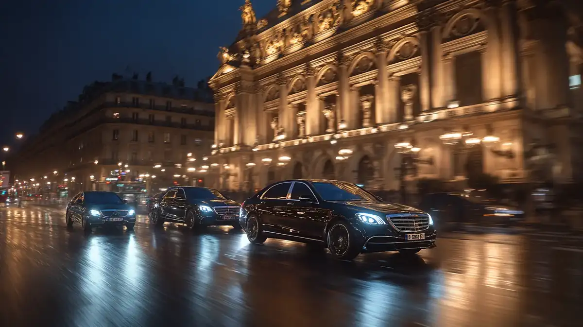 Convoy of black Mercedes S-Class cars in front of a Parisian palace at night